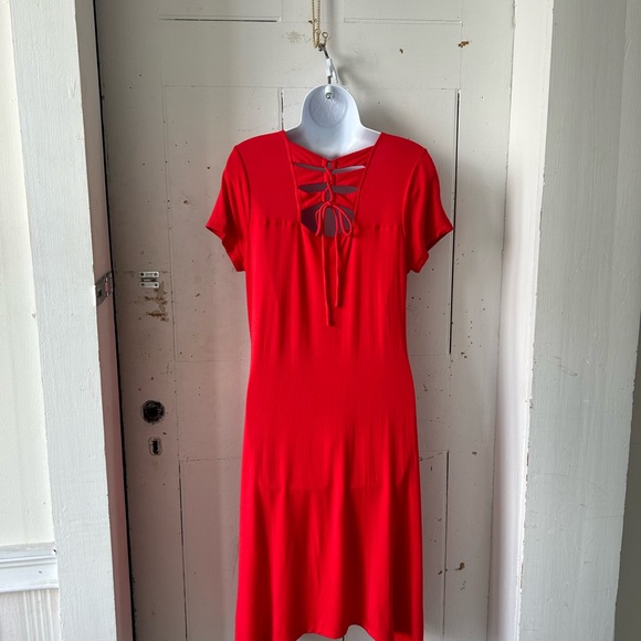 Chico's Laced up Red Stretch Knit Dress Handkerchief Hem - Picture 3 of 10